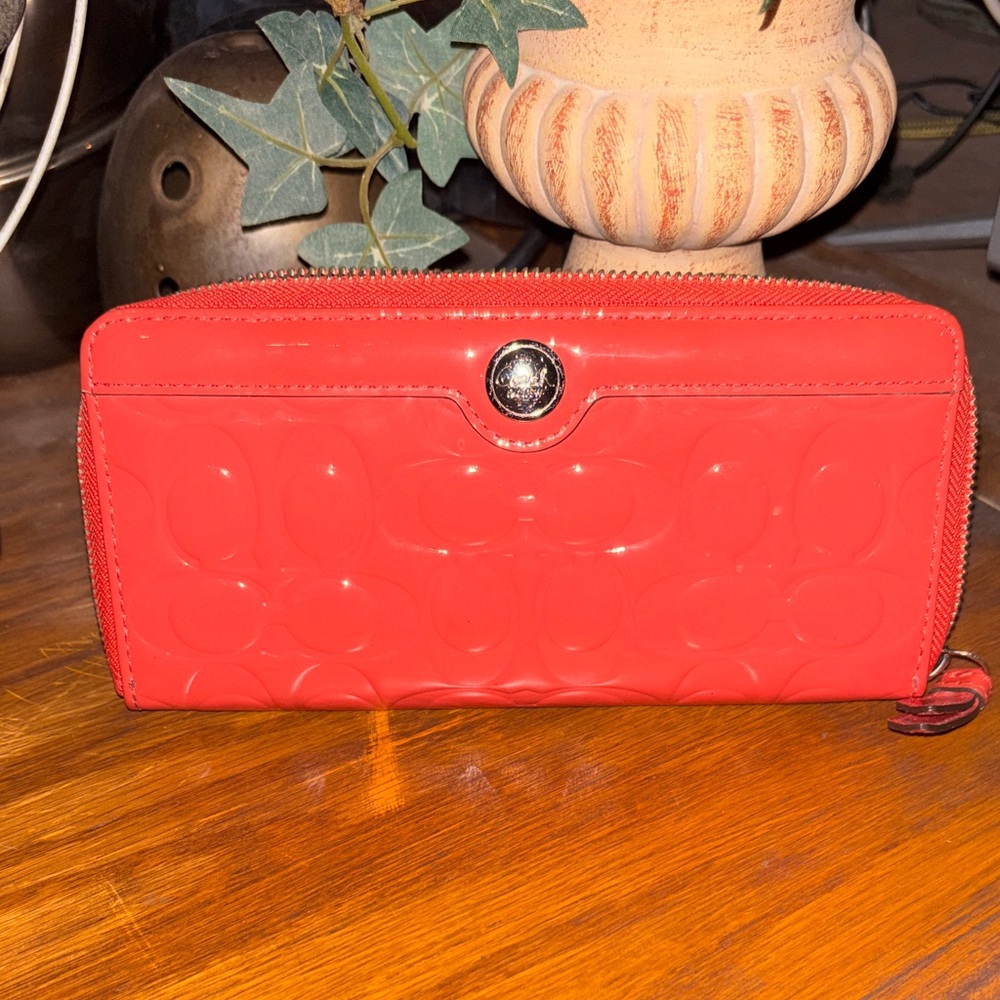 Coach embossed glossy patent zip  around wallet